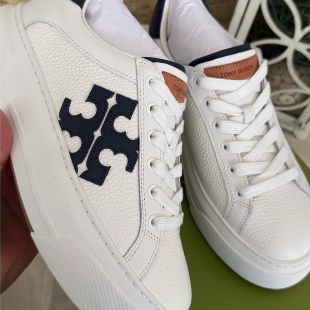 VERY USED -Tory Burch White Leather Sneakers with Navy Logo and Tan Accents